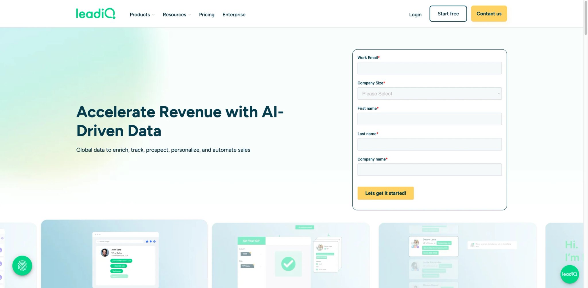 LeadIQ interface showing Chrome extension prospecting and contact enrichment