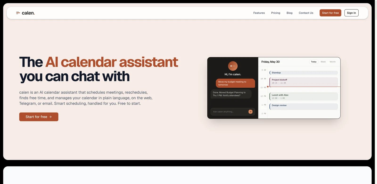 calen interface showing natural-language AI calendar scheduling assistant