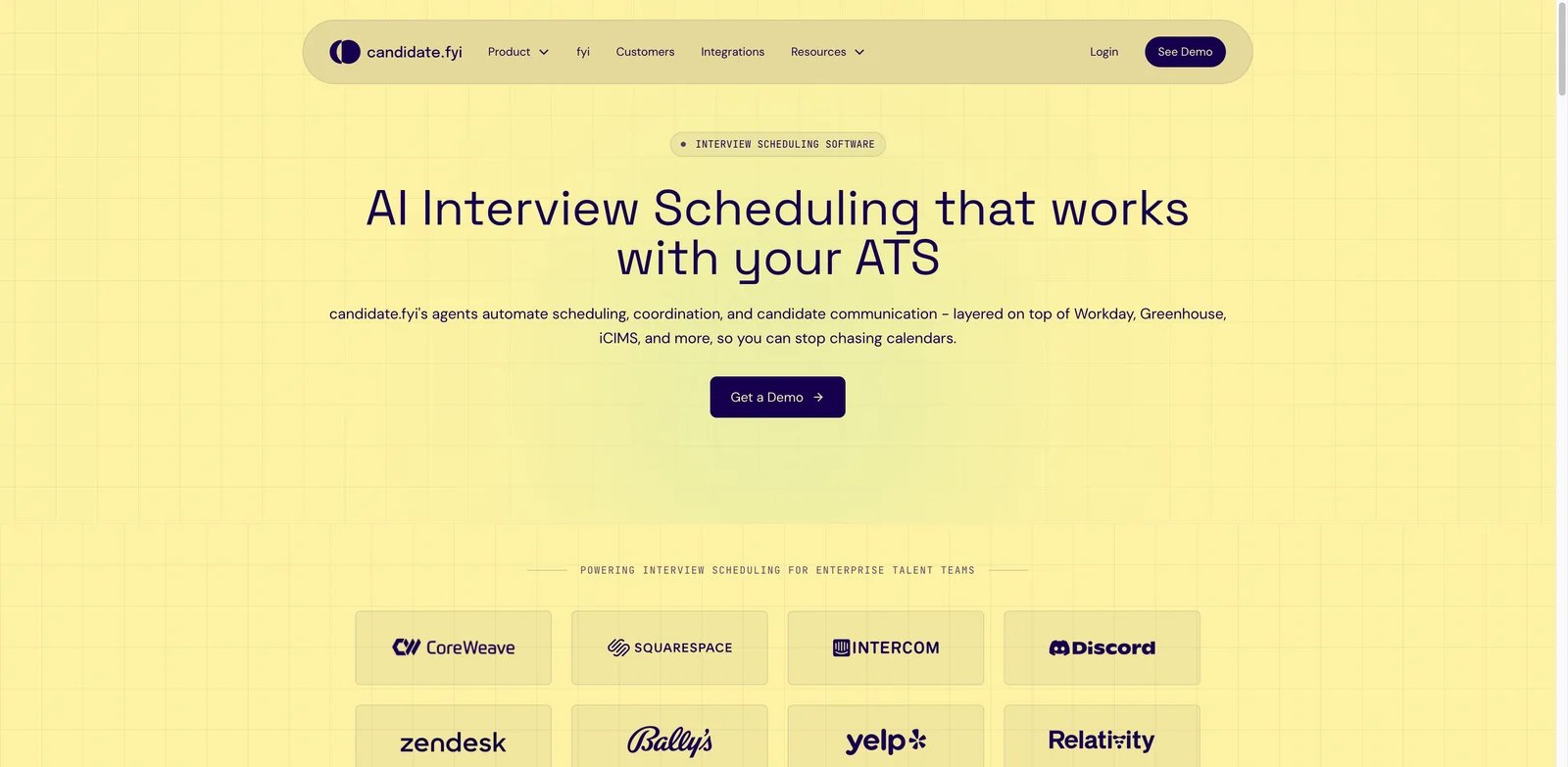 candidate.fyi interface showing AI recruiting scheduling agents and candidate coordination