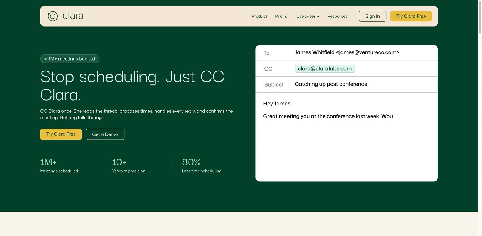 Clara interface showing autonomous email scheduling assistant and calendar preferences
