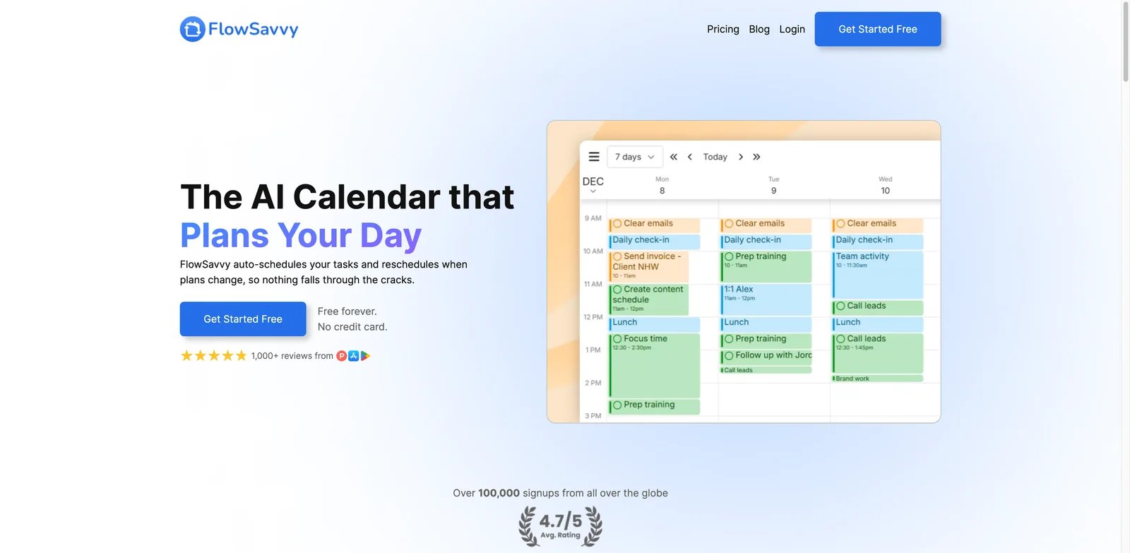 FlowSavvy interface showing AI auto-scheduled tasks and calendar blocks