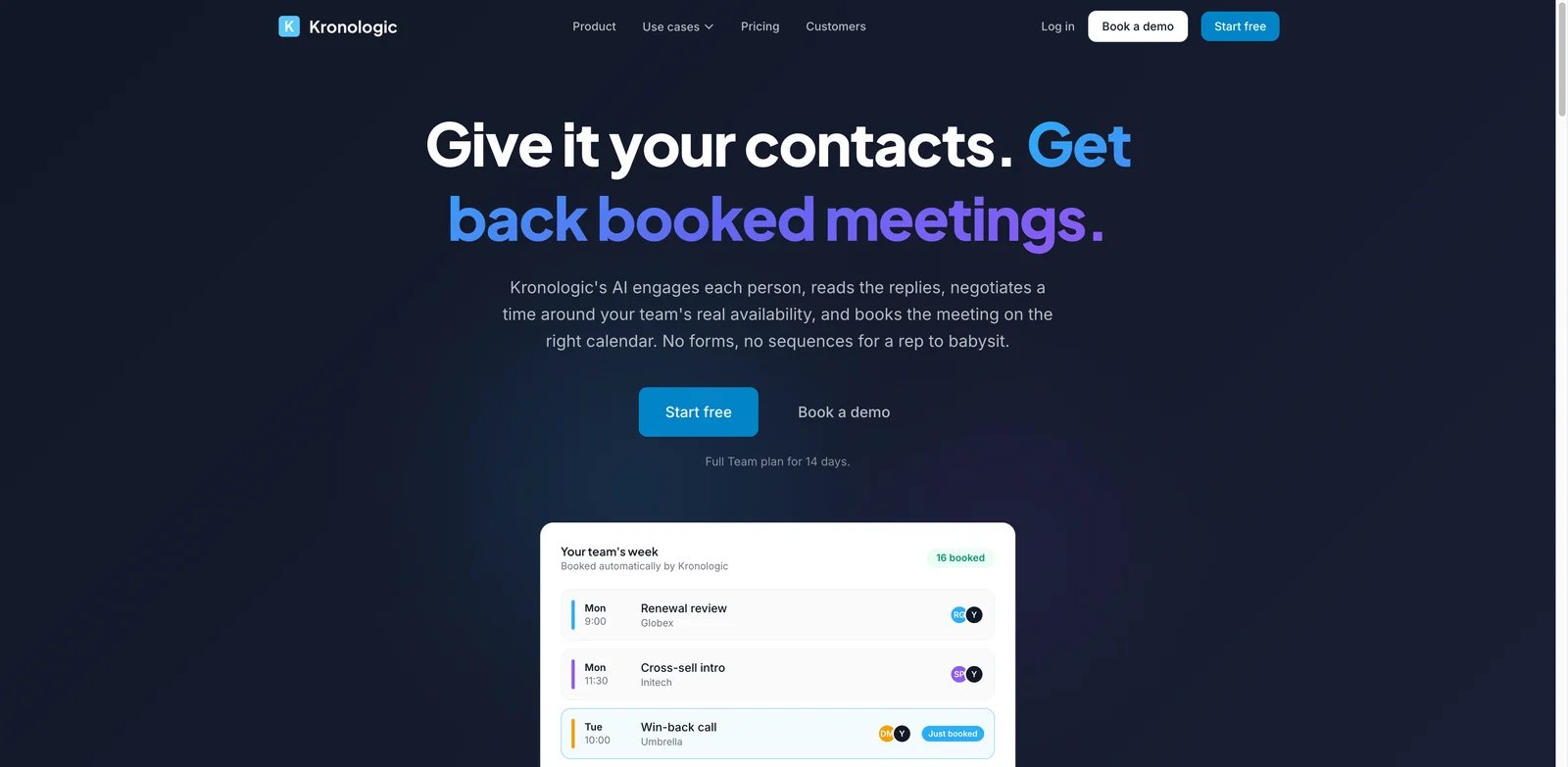 Kronologic interface showing AI meeting booking and CRM scheduling workflow