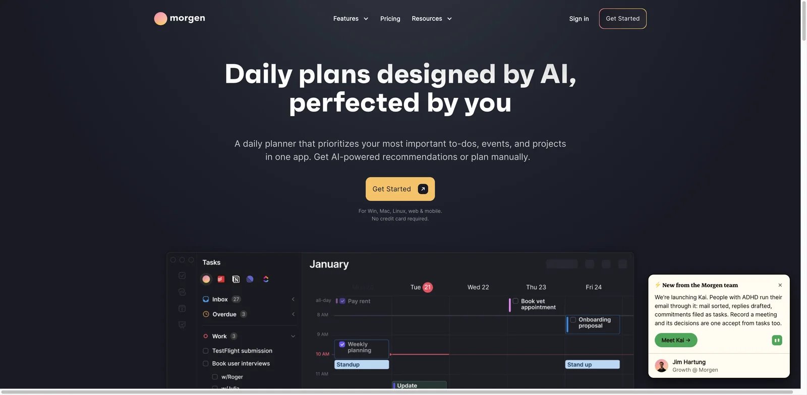 Morgen interface showing multi-calendar AI scheduling and planning