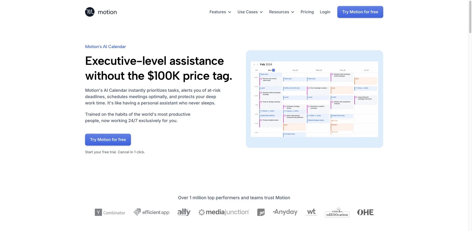 Motion interface showing AI calendar planning and task scheduling
