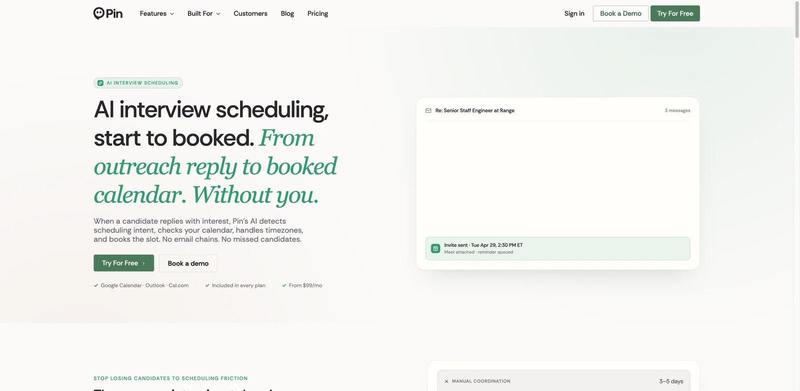 Pin interface showing AI interview scheduling and recruiting calendar coordination