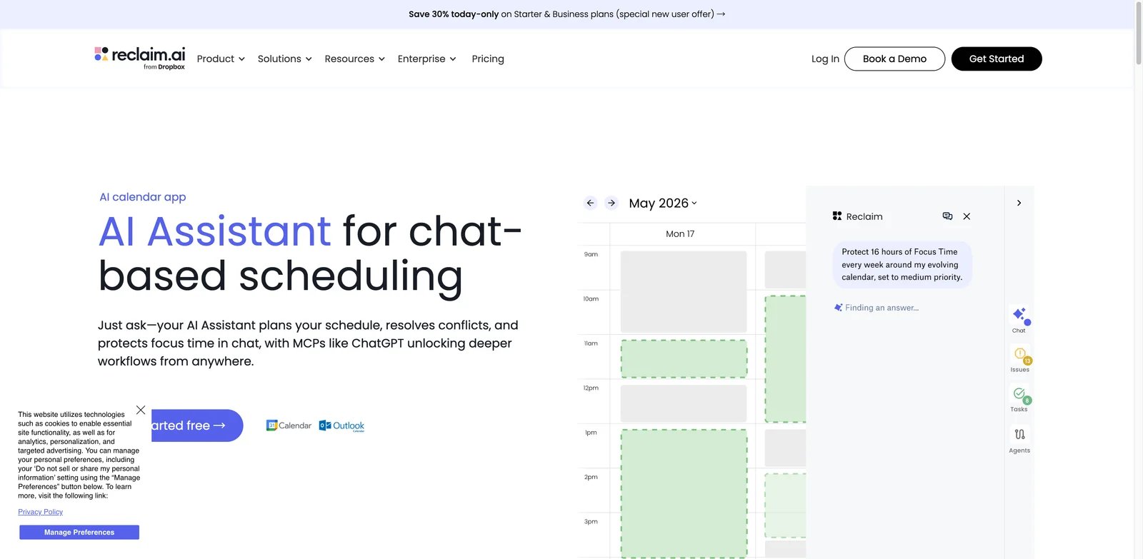 Reclaim.ai interface showing AI scheduling assistant focus time and meeting controls