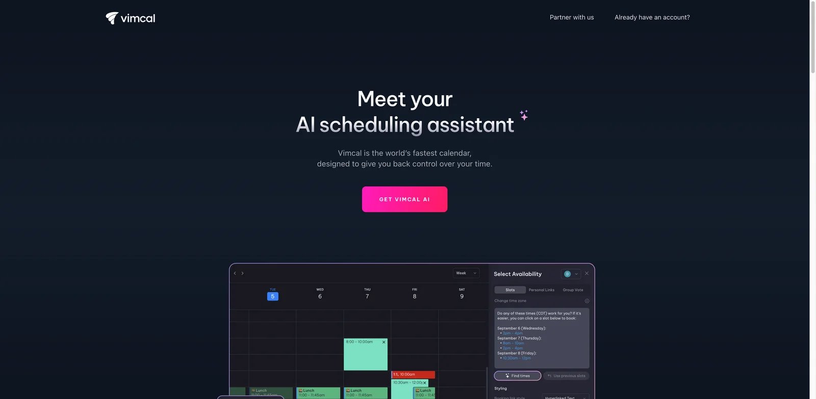 Vimcal interface showing AI scheduling assistant and availability parsing