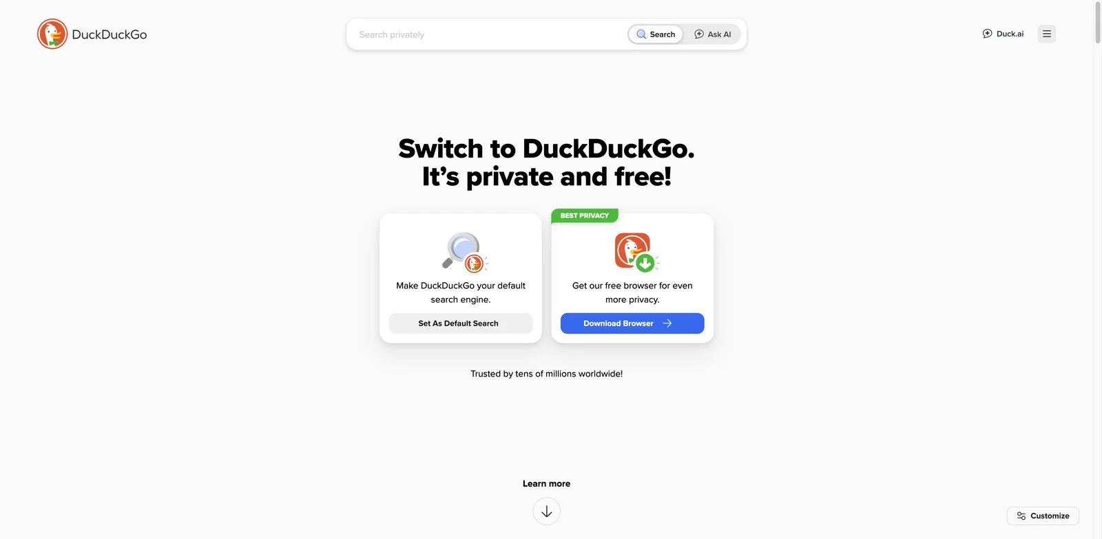 DuckDuckGo interface showing private search and Duck.ai chat access