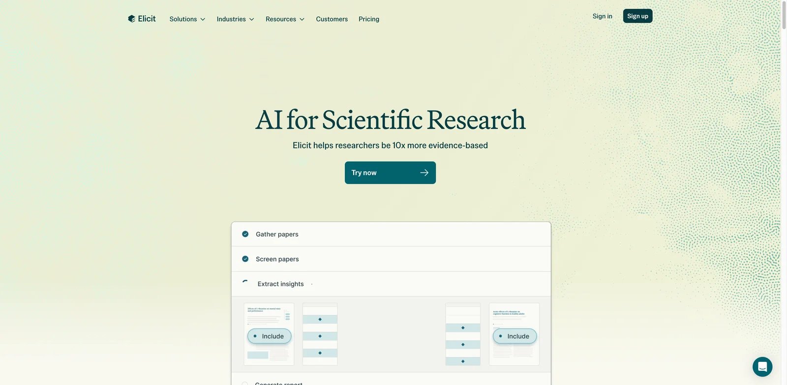 Elicit interface showing literature review table with paper summaries