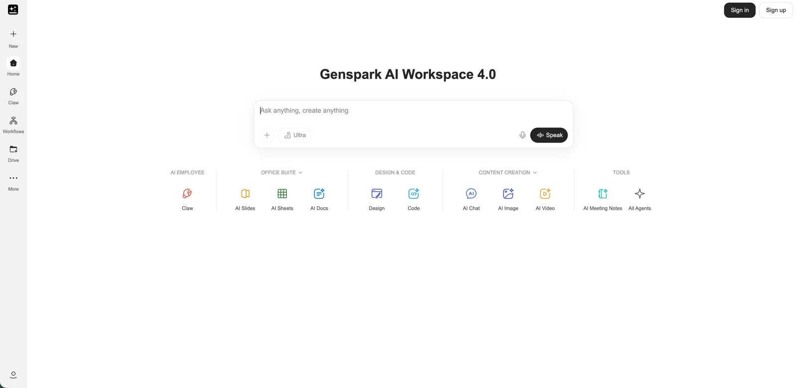 Genspark interface showing AI Workspace with agentic search and Sparkpage tools