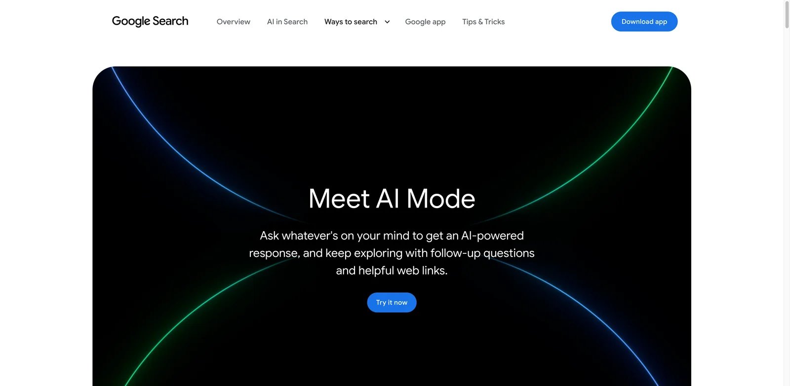 Google AI Mode interface showing conversational search with cited web results