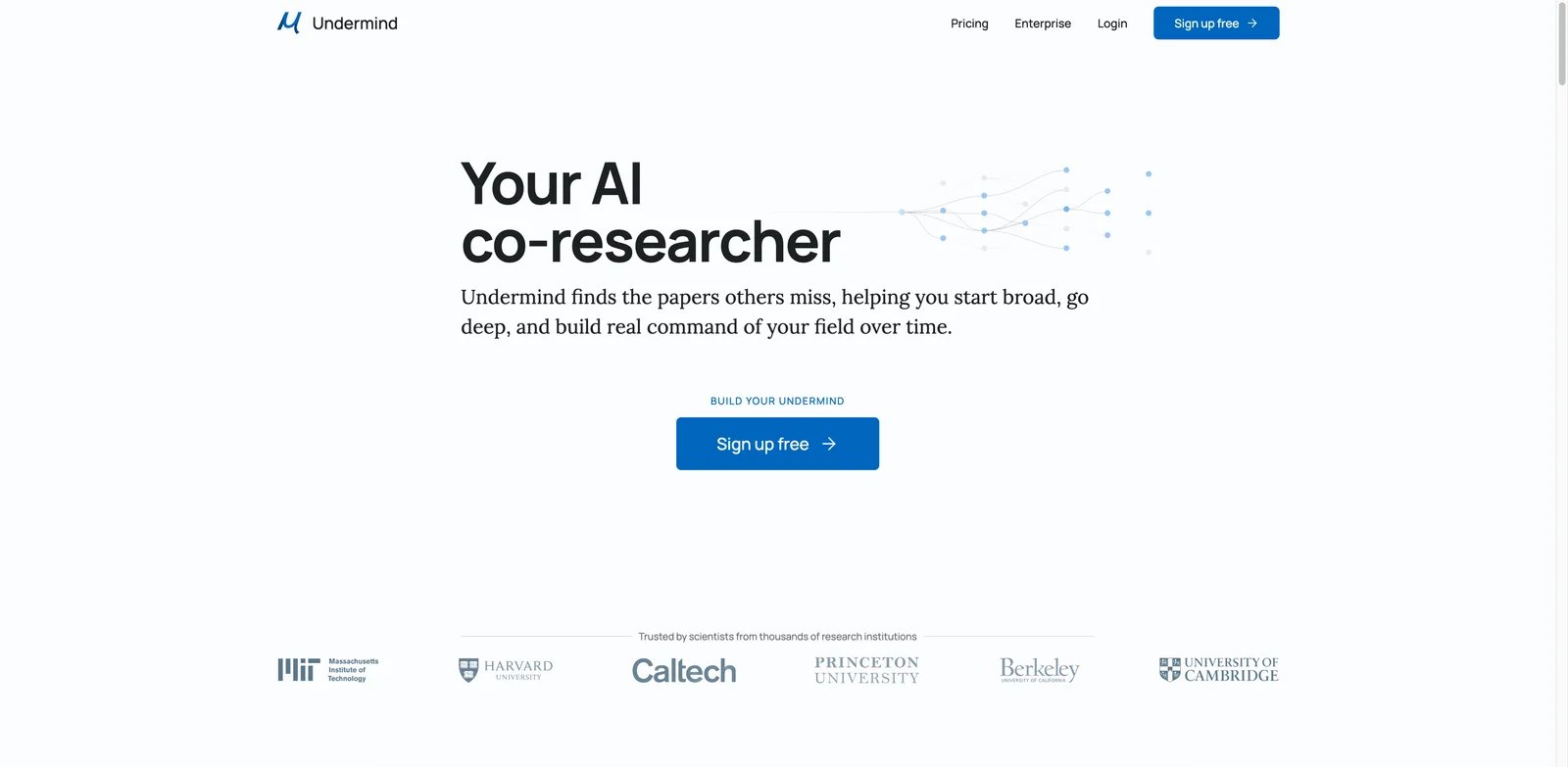 Undermind interface showing AI co-researcher literature discovery workflow