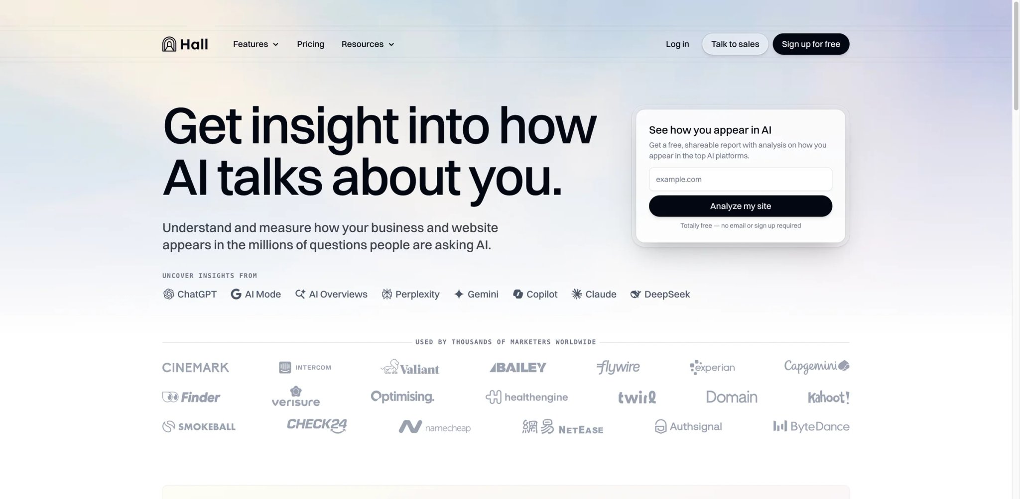 Hall interface showing free AI visibility baseline report