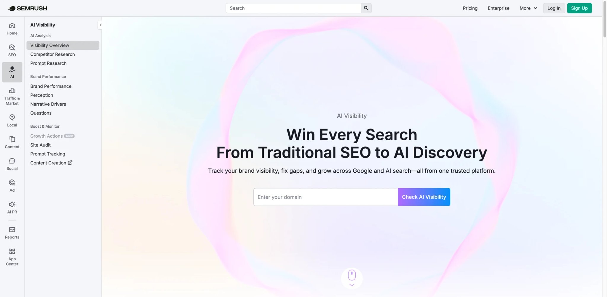 Semrush AI Visibility Toolkit interface showing brand tracking across LLMs