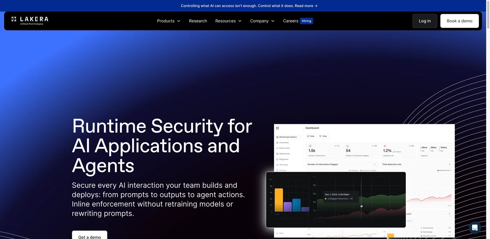 Lakera Guard interface showing LLM prompt security and agent controls