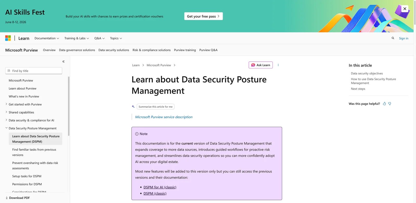 Microsoft Purview Data Security Posture Management interface showing AI data security posture reports