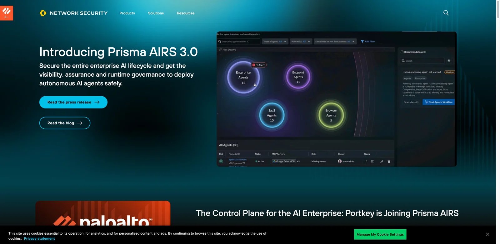Palo Alto Networks Prisma AIRS interface showing AI security lifecycle controls
