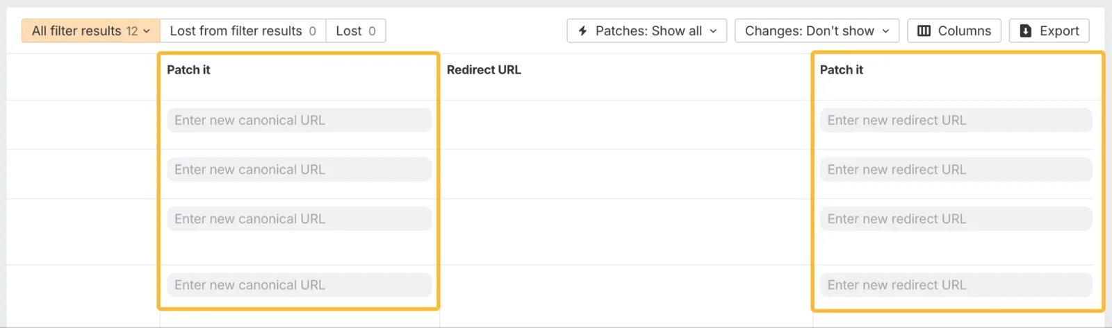 Ahrefs Site Audit interface showing canonical and redirect patch input fields