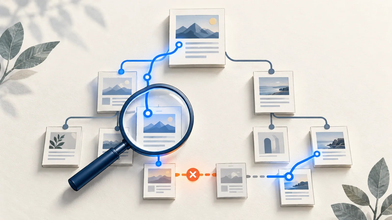 A website page structure under inspection with a broken link highlighted and a separate repaired connection