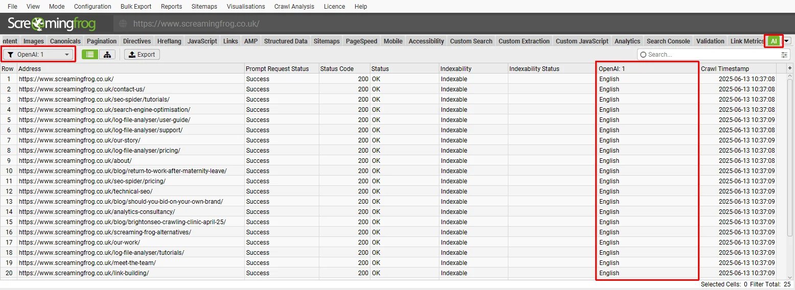 Screaming Frog interface showing AI prompt status and output alongside crawled URLs