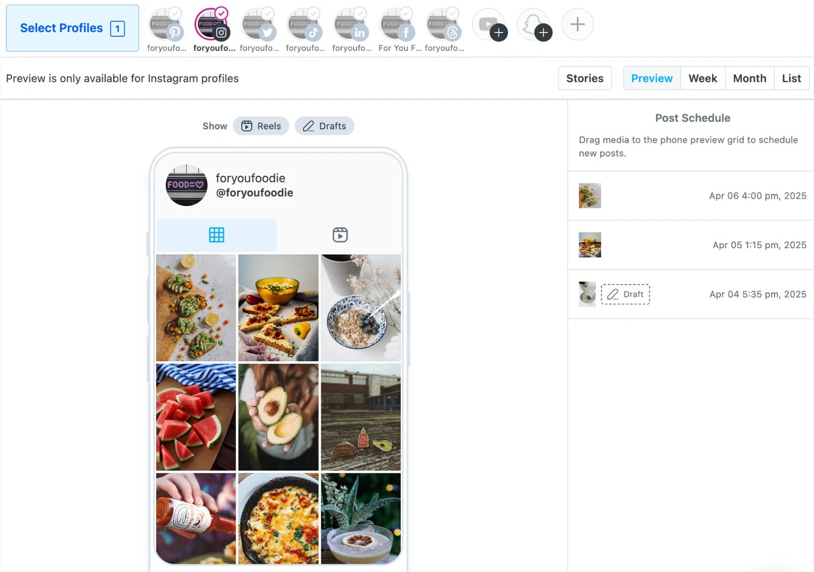 Later Visual Instagram Planner showing a feed preview beside scheduled and draft posts