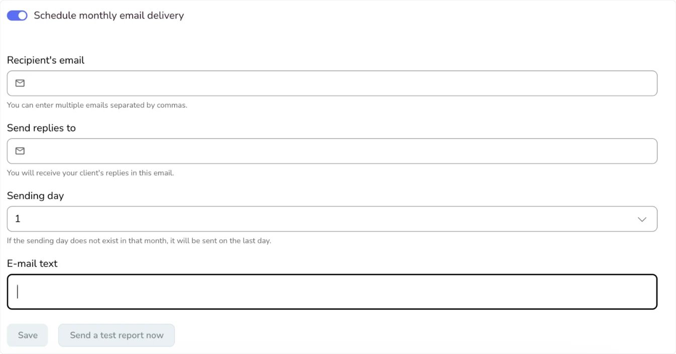 Metricool settings for scheduling monthly report emails and choosing recipients