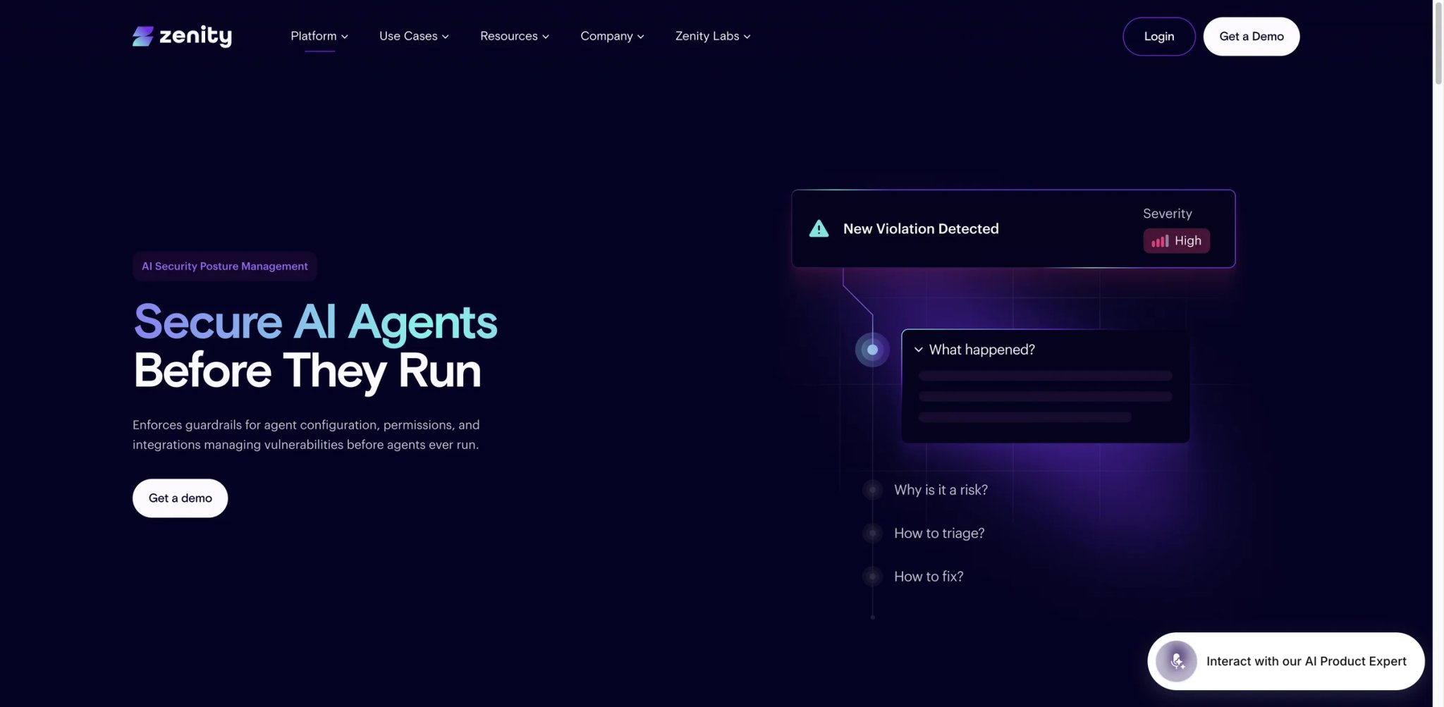 Zenity AI-SPM interface showing AI agent governance controls
