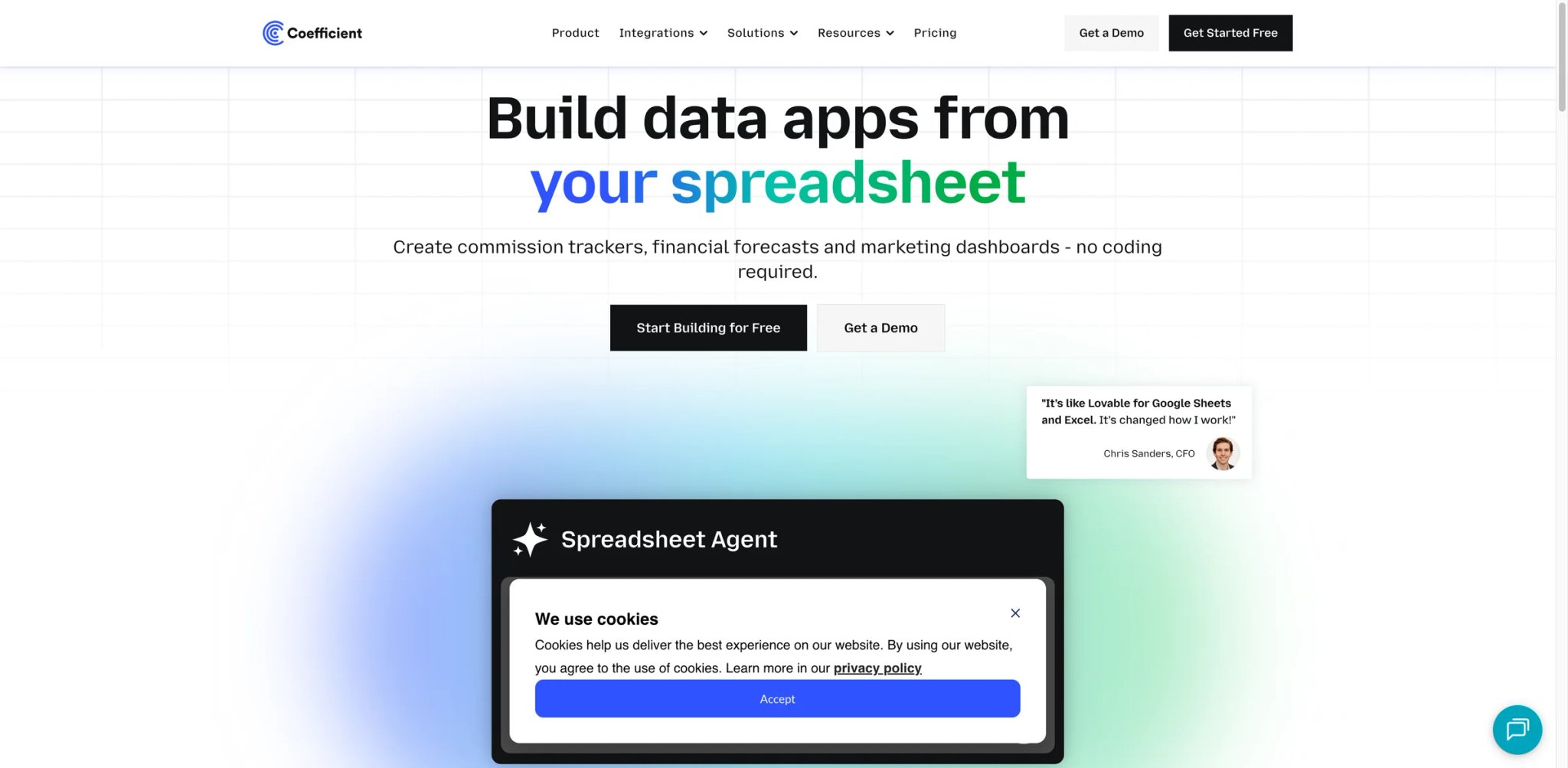 Coefficient interface showing data connector and AI features