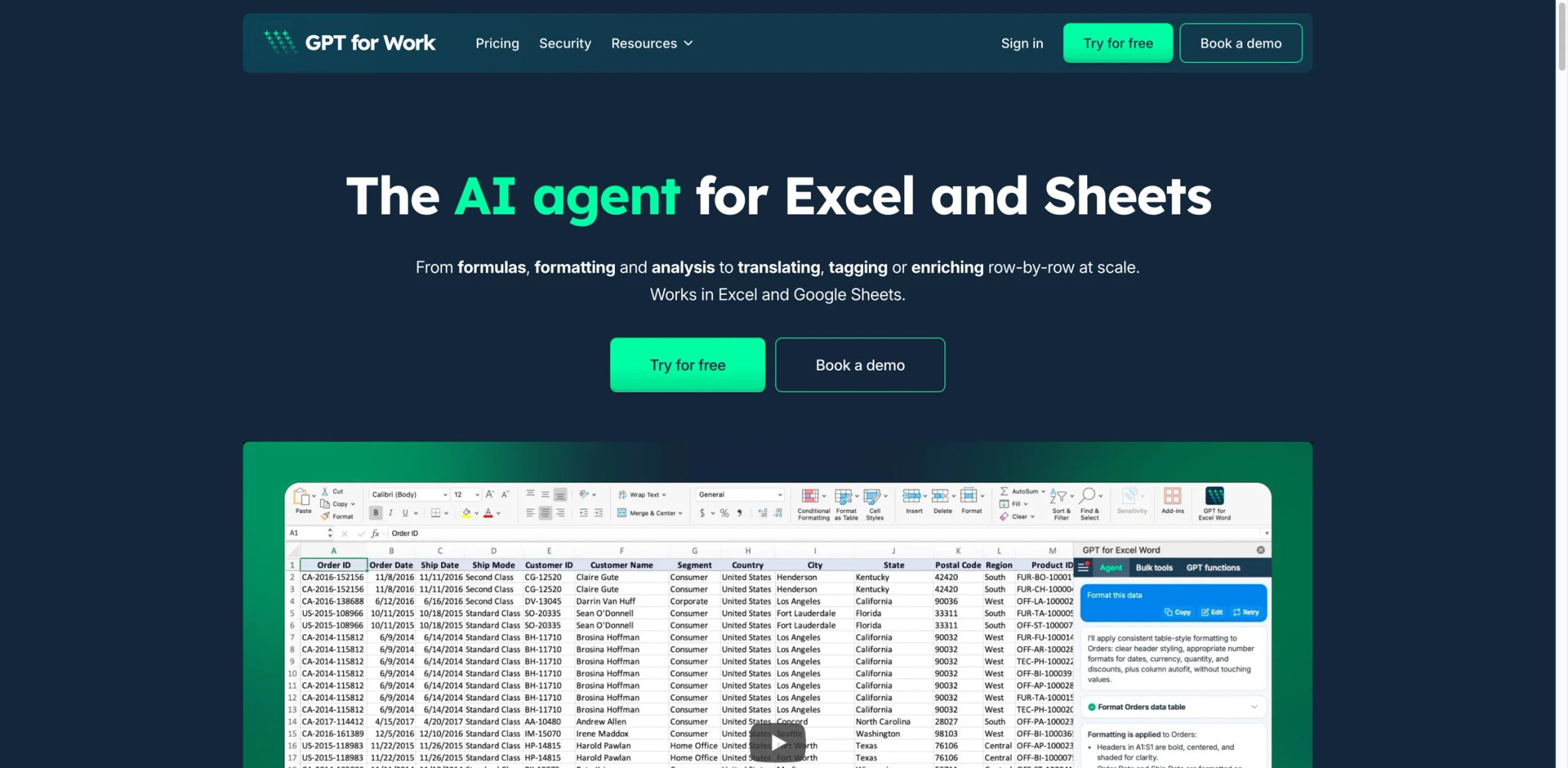 GPT for Work interface showing bulk text processing in sheets