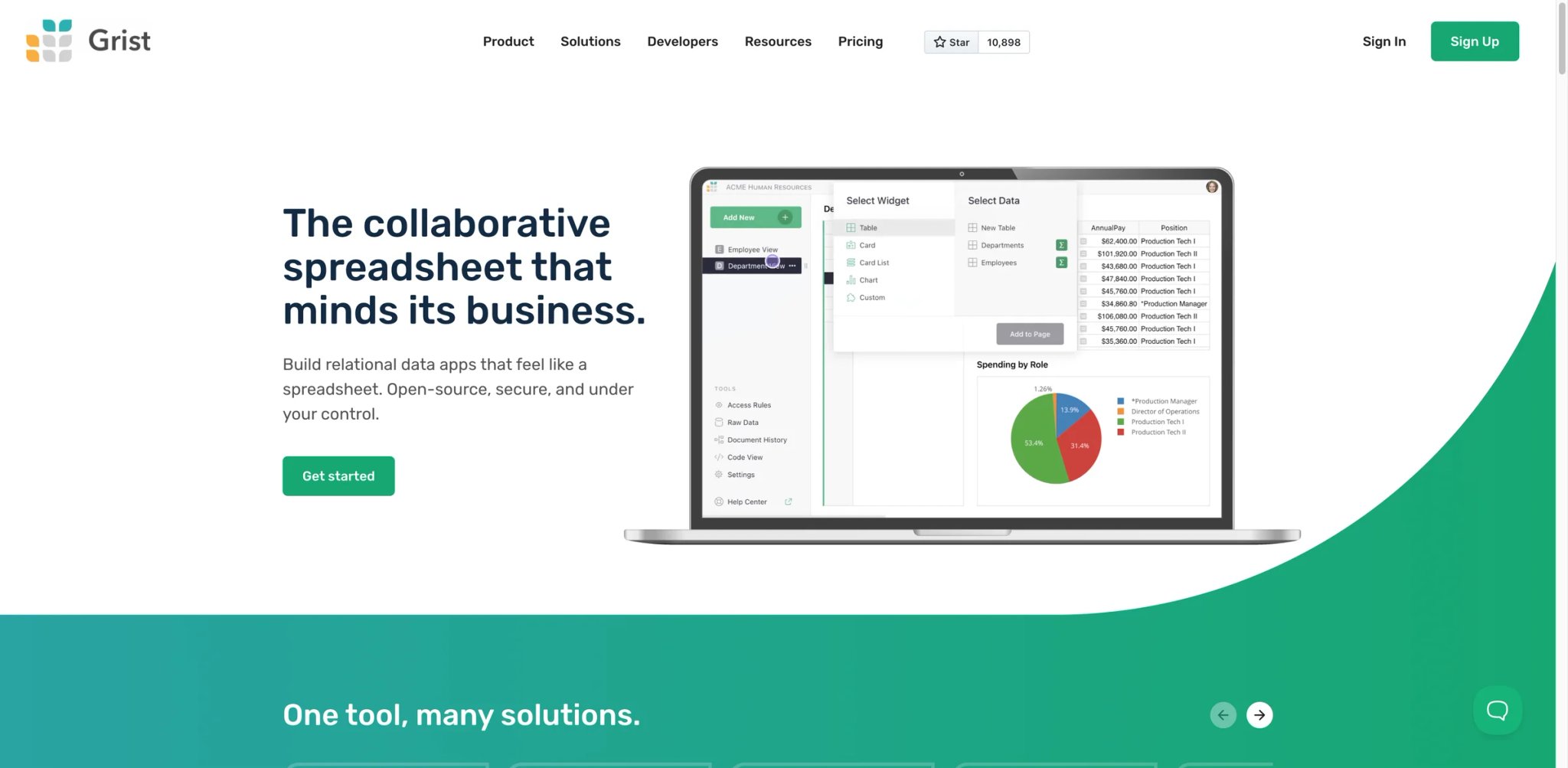 Grist interface showing relational data and AI features