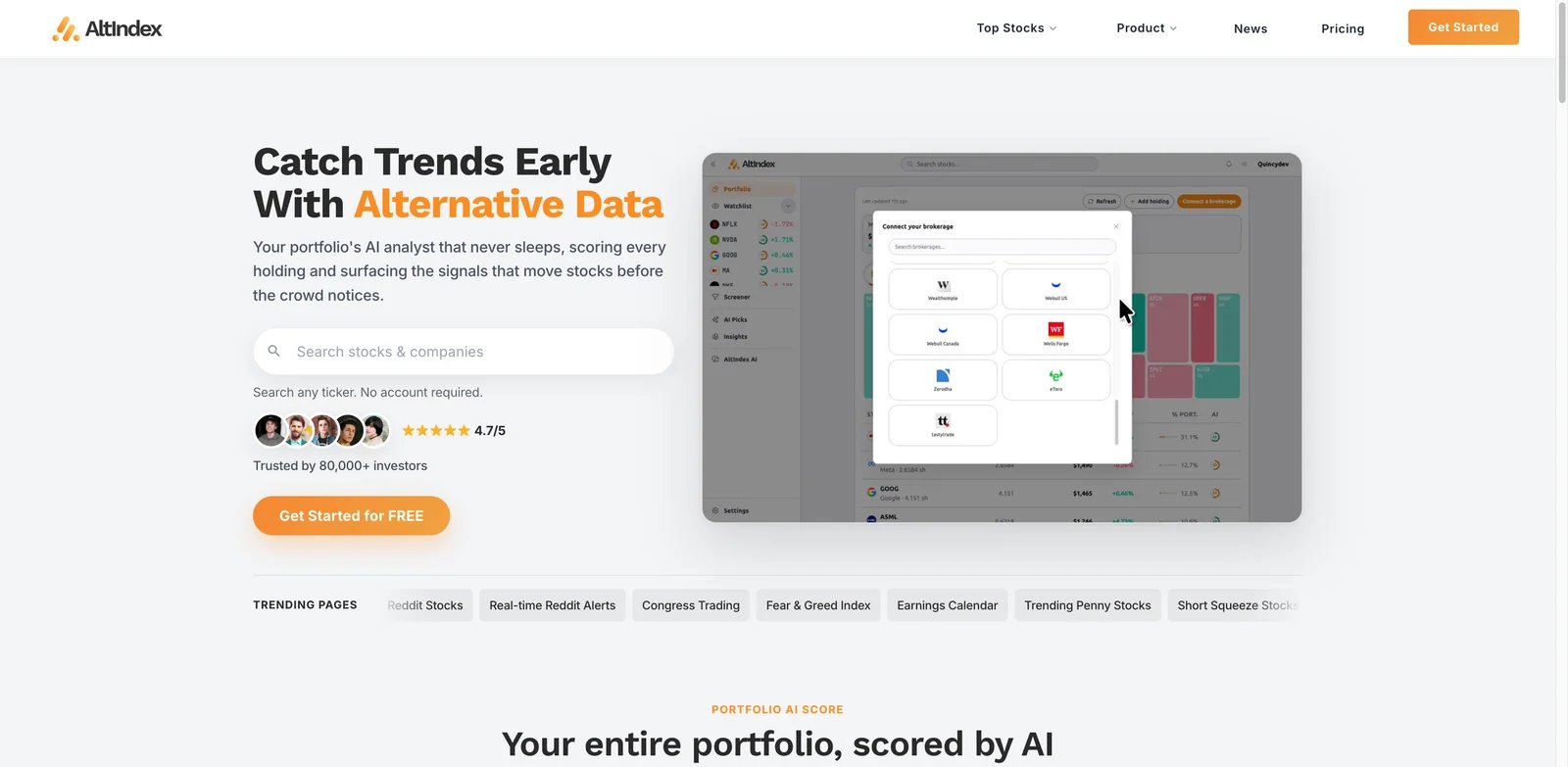 AltIndex interface showing alternative-data stock rankings