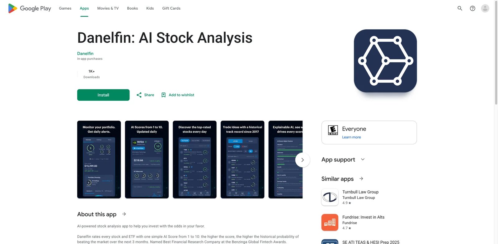 Danelfin interface showing daily AI stock scores and ranked lists