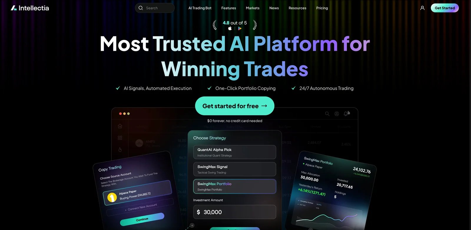 Intellectia AI interface showing stock picks, signals, and alerts
