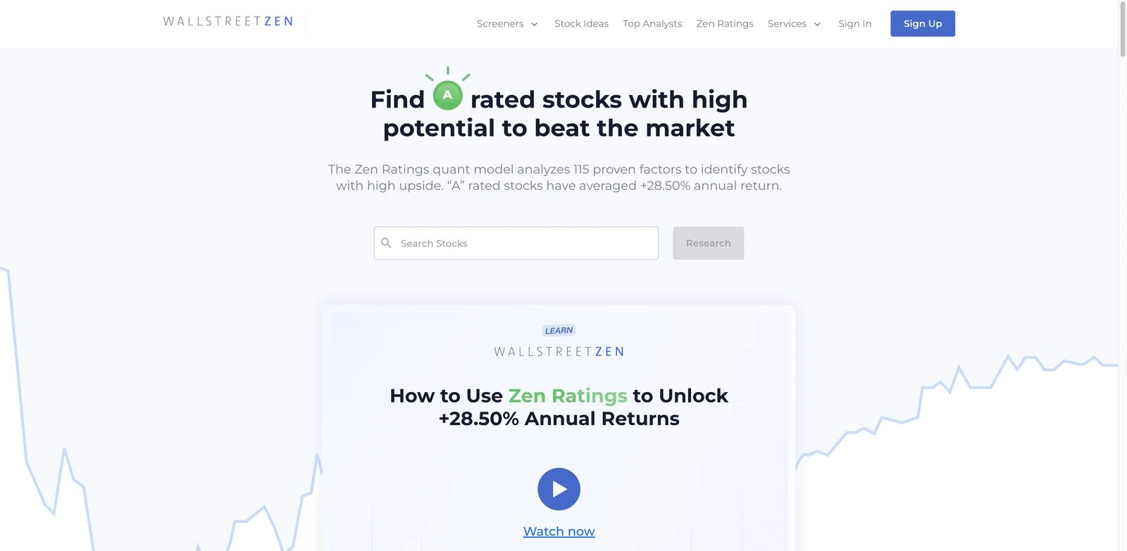 WallStreetZen interface showing Zen Ratings and fundamental screening