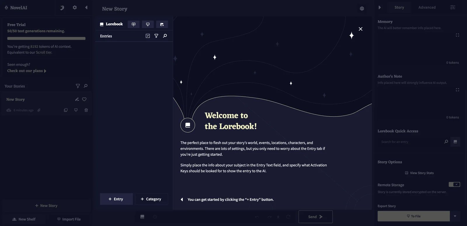 NovelAI interface showing the Lorebook feature for character tracking