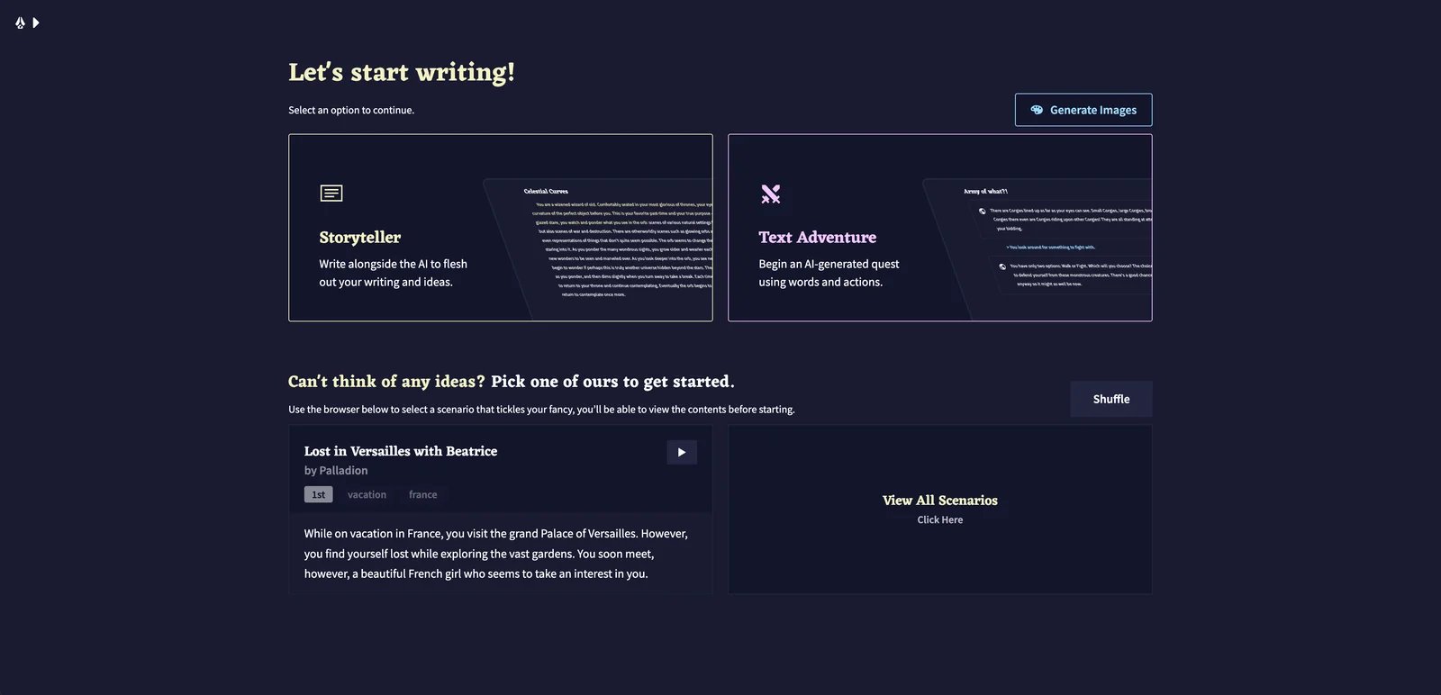 NovelAI writing interface showing the main workspace and text generation controls