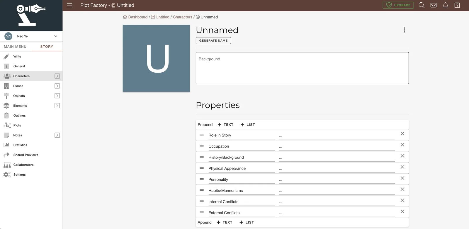 Plot Factory character creation interface showing detailed character profile management
