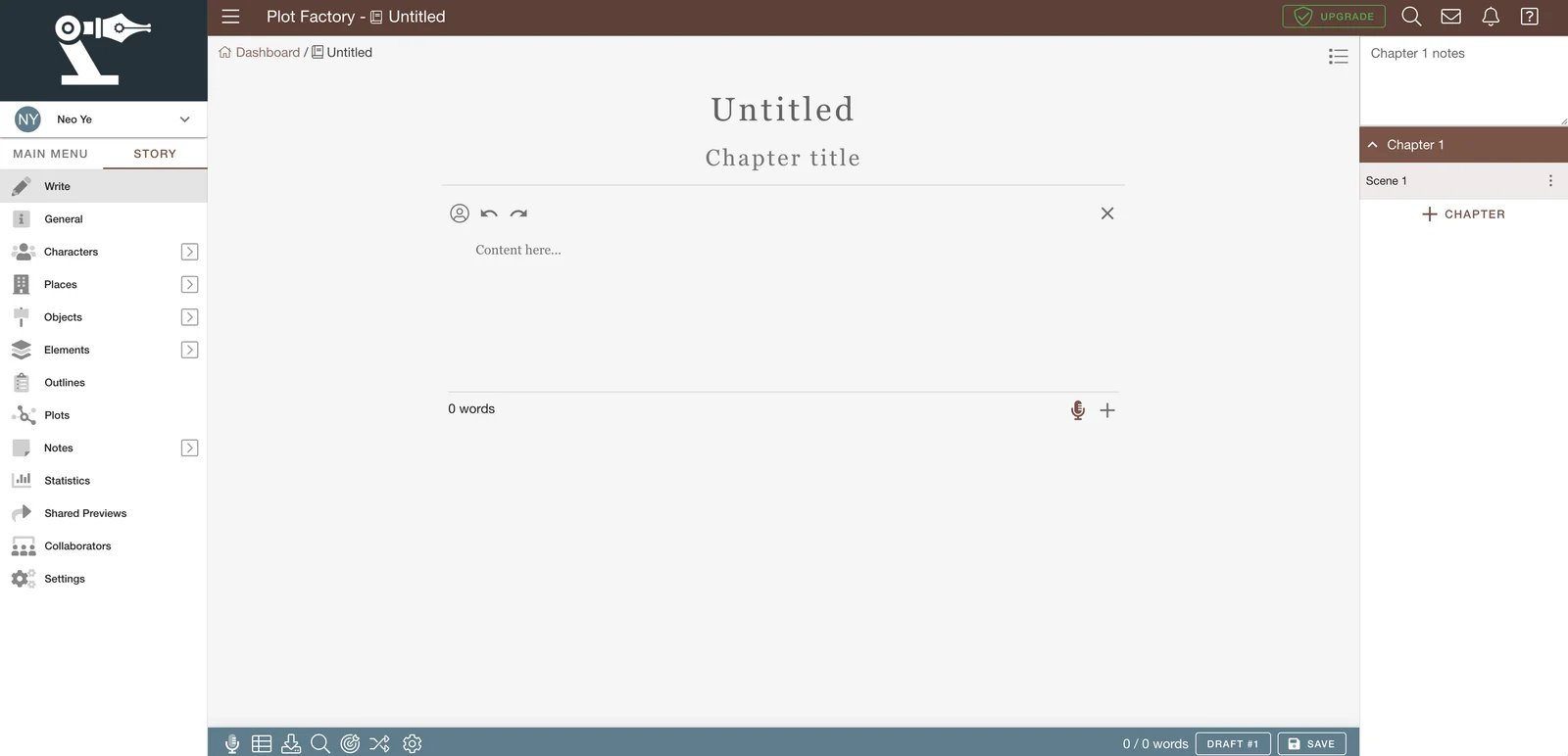 Plot Factory user interface showing the main story creation workspace