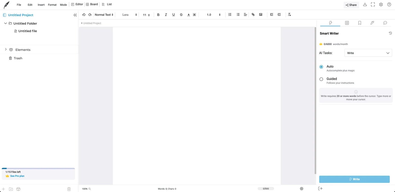 Squibler interface showcasing AI creation tools and organizational features