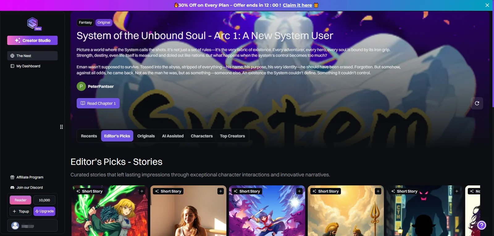 Storynest interface showing interactive storytelling with character dialogue