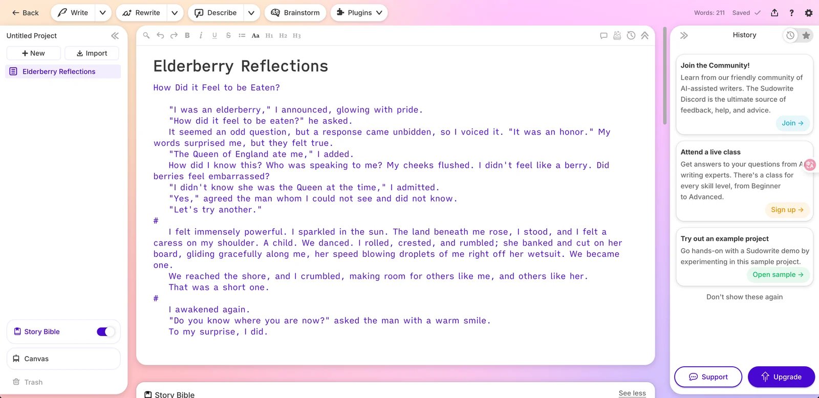 Sudowrite interface showing the Brainstorm feature in action