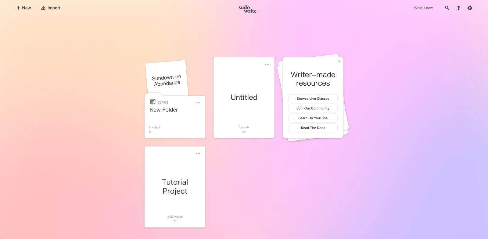 Sudowrite dashboard interface showing the main writing workspace