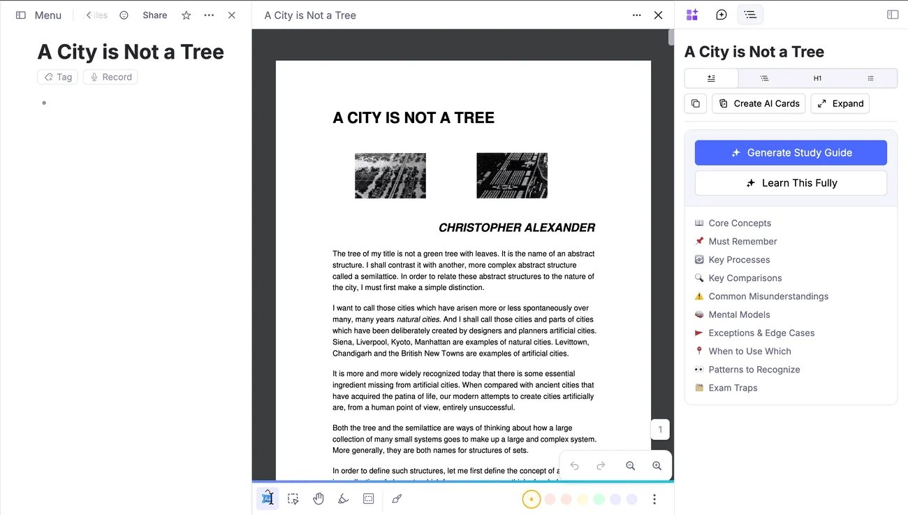 RemNote's documented PDF learning workspace with source text, notes and learning controls