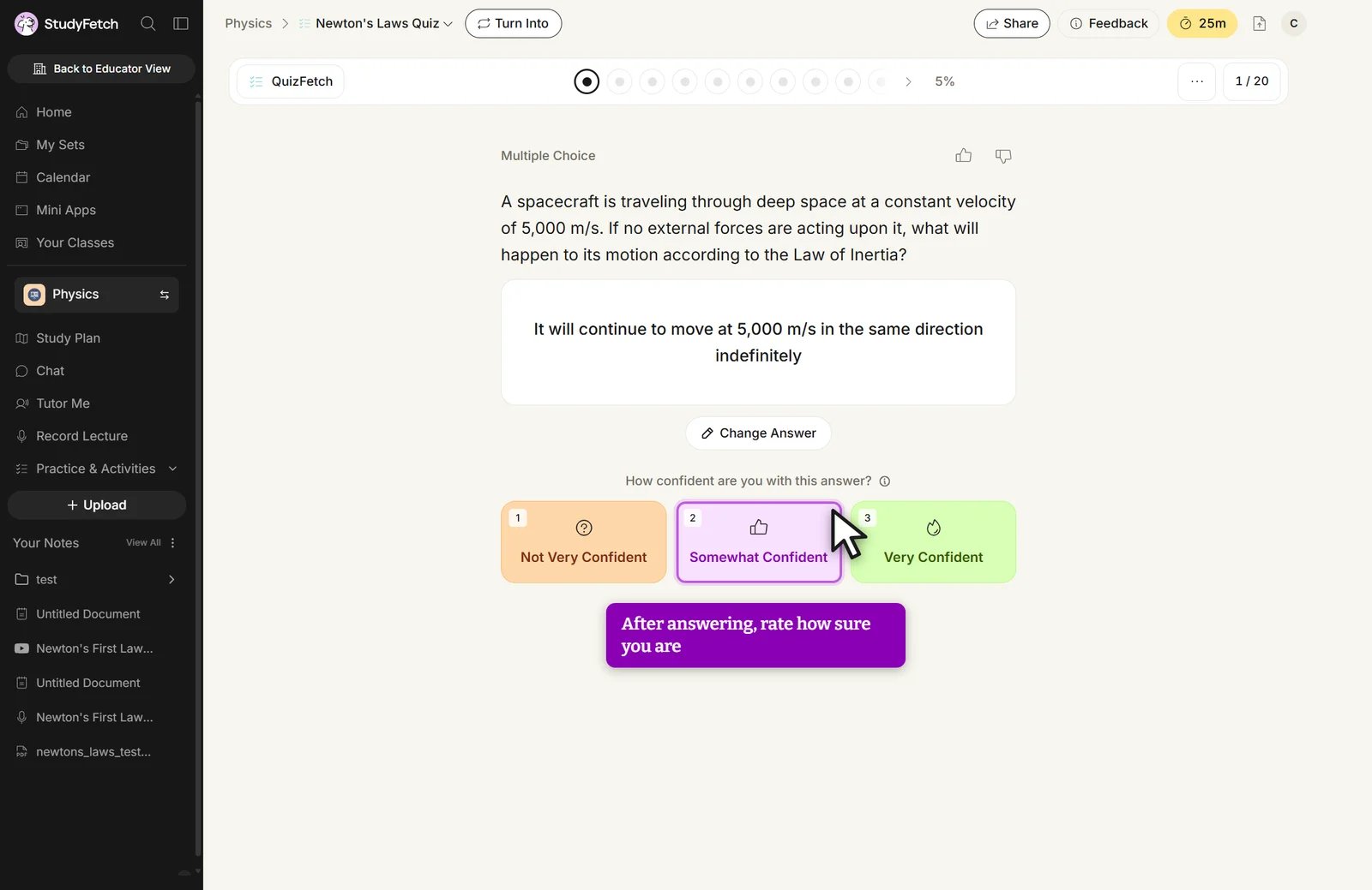 StudyFetch QuizFetch asks a learner to rate confidence after choosing an answer