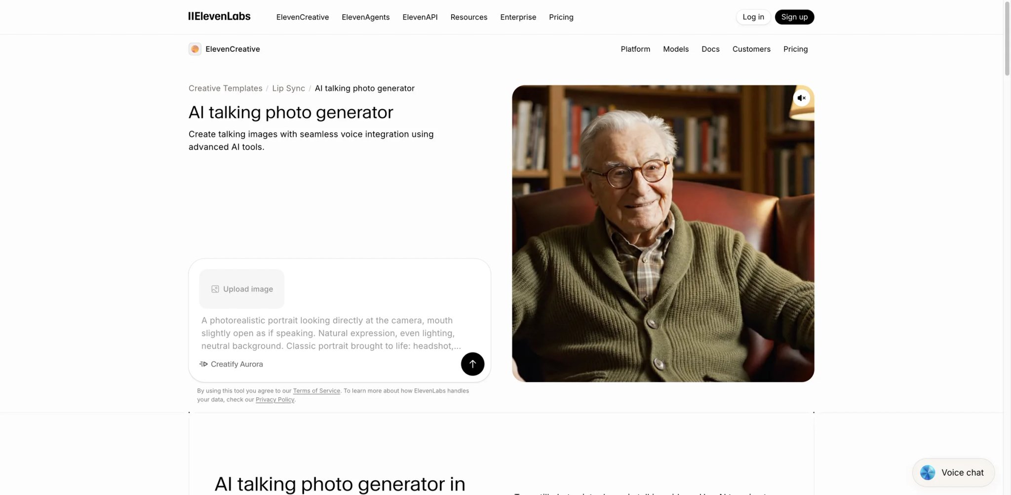 ElevenLabs interface showing talking photo lip sync
