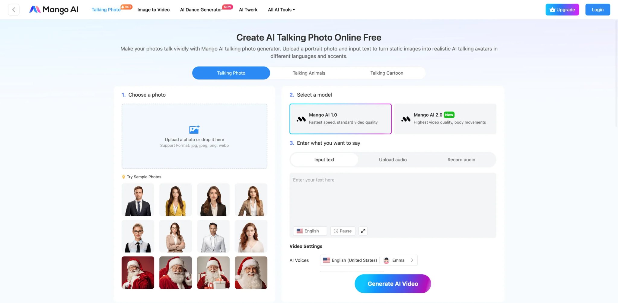 Mango AI interface showing talking photo creation