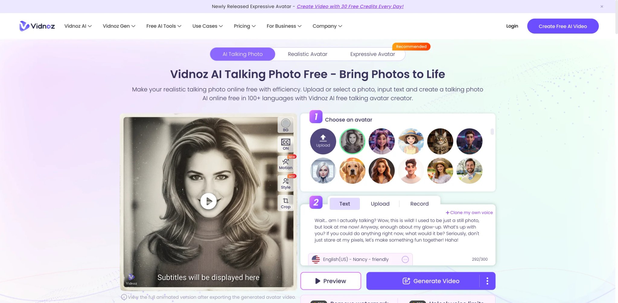 Vidnoz interface showing talking head creation