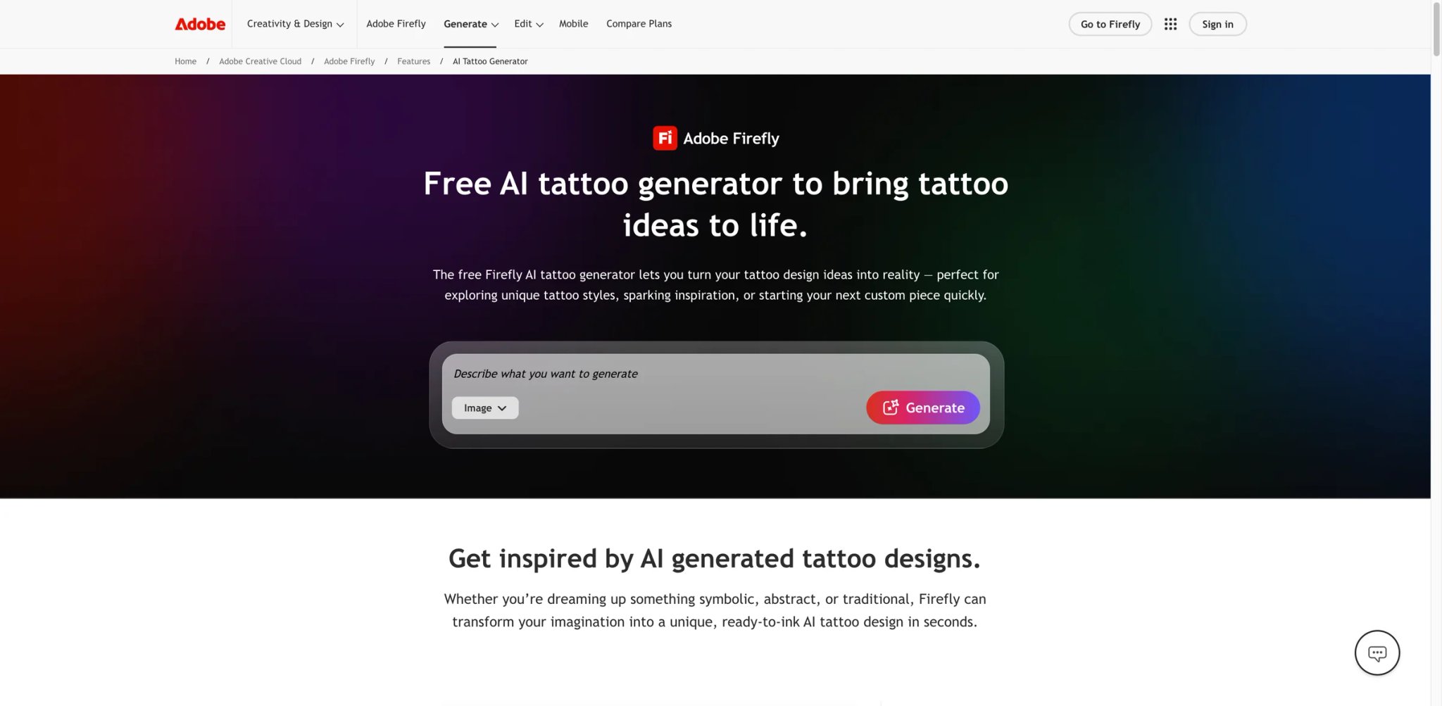 Adobe Firefly interface showing tattoo design generation