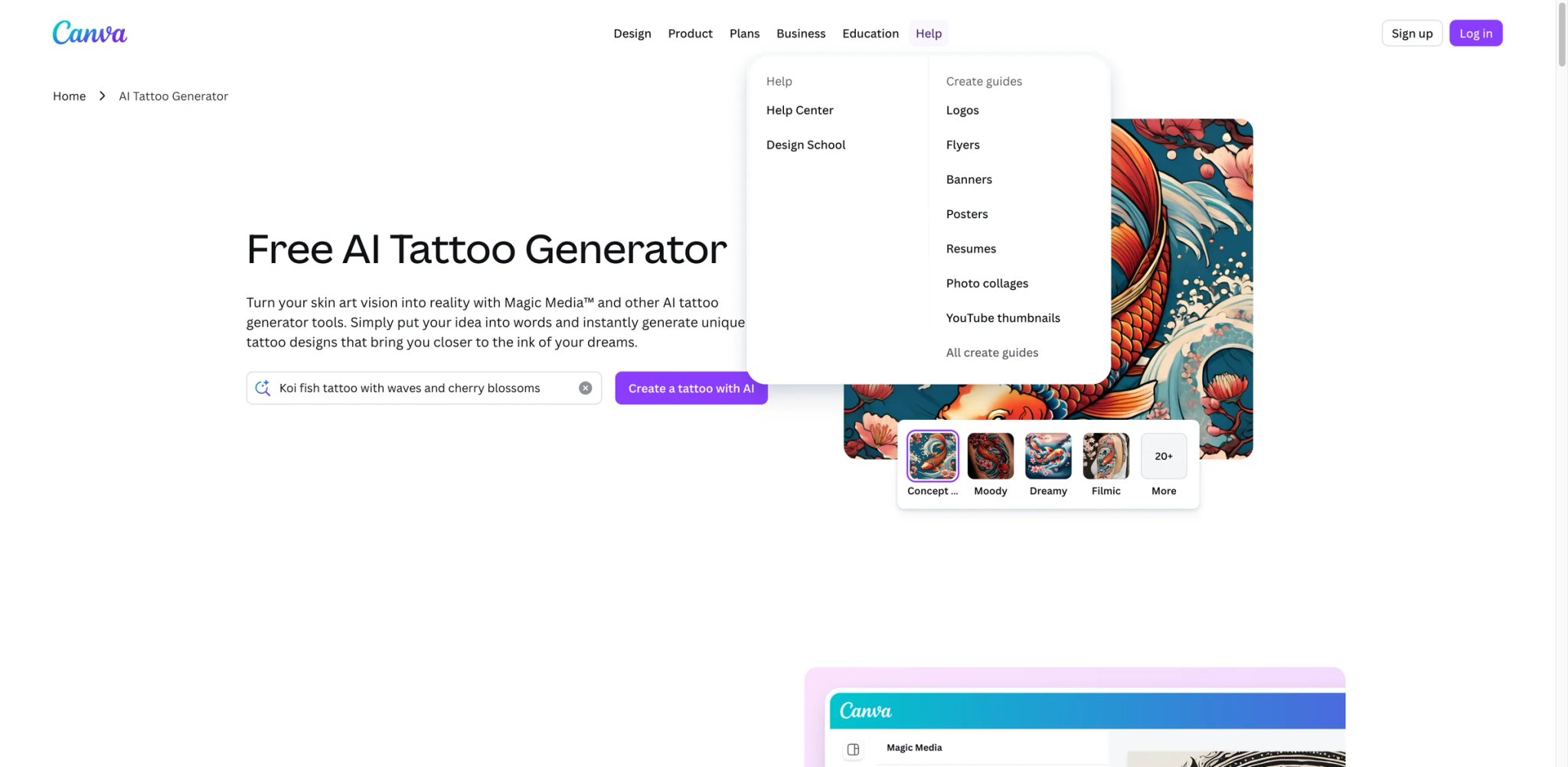 Canva AI interface showing tattoo design tools