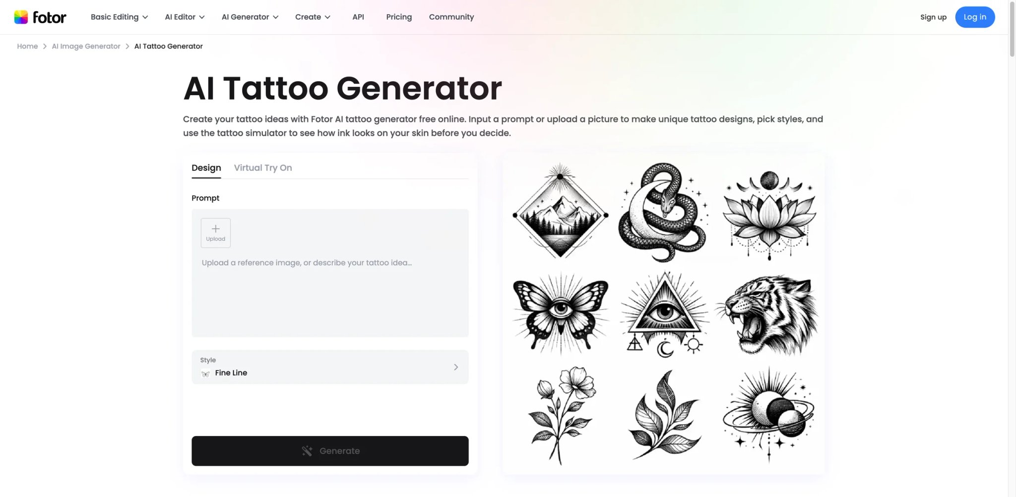 Fotor AI interface showing tattoo simulator